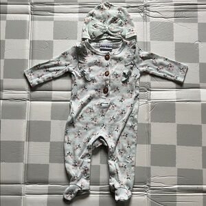 Nicole Miller New York Floral Footie and Hat Set - Mint & Coral